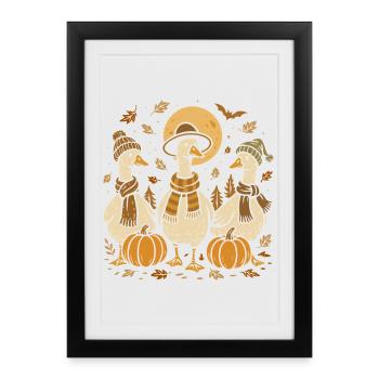 Autumn geese with pumpkins and hats - Framed poster (27 × 37 cm) - black - Front