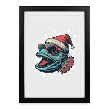 Piranha Poisson Noël Drôle - Affiche encadrée (27 × 37 cm) - noir - Devant
