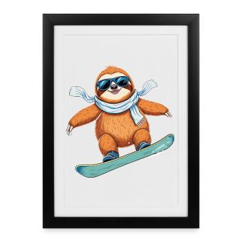 Snowboard Paresseux Hiver Cool Drôle de dessin animé - Affiche encadrée (27 × 37 cm) - noir - Devant