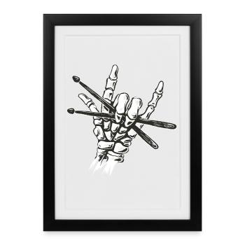 Skeleton Drumsticks Hand – Metal Rock Horns Drumme - Gerahmtes Poster (27 × 37 cm) - Schwarz - Vorne