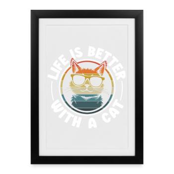 La vie est meilleure avec un chat - Chat avec des lunettes de soleil - Affiche encadrée (27 × 37 cm) - noir - Devant