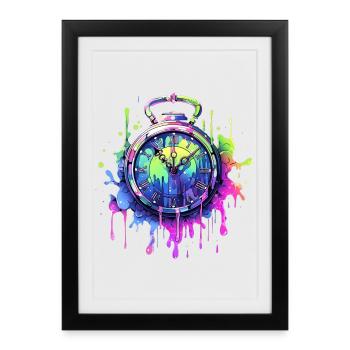 Colorful clock with splashes of color - Framed poster (27 × 37 cm) - black - Front