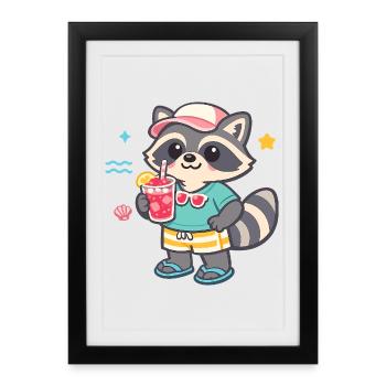 Raccoon on the beach with drink - Framed poster (27 × 37 cm) - black - Front