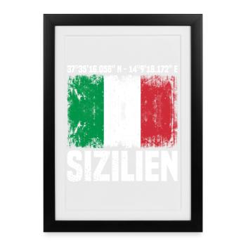 Sizilien Koordinaten - Gerahmtes Poster (27 × 37 cm) - Schwarz - Vorne