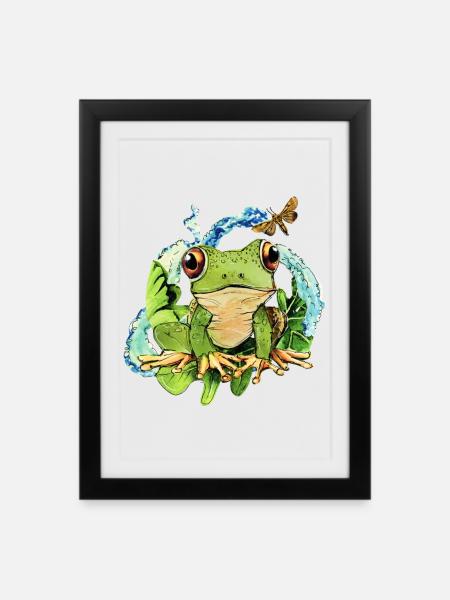 Niedlicher Frosch im Teichzauber - Gerahmtes Poster (27 × 37 cm) - Schwarz