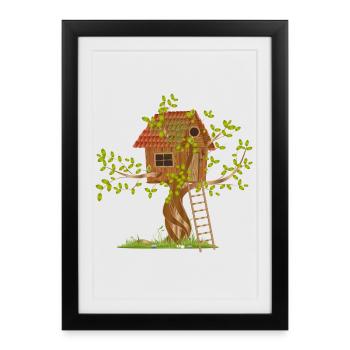 Une cabane en arbre de travers dans la canopée avec échelle - Affiche encadrée (27 × 37 cm) - noir - Devant