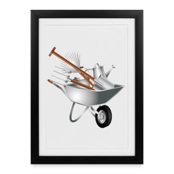 divers outils de jardinage dans une brouette - Affiche encadrée (27 × 37 cm) - noir - Devant