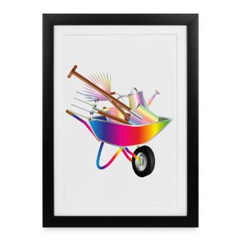 Outils de jardinage colorés dans une brouette - Affiche encadrée (27 × 37 cm) - noir - Devant