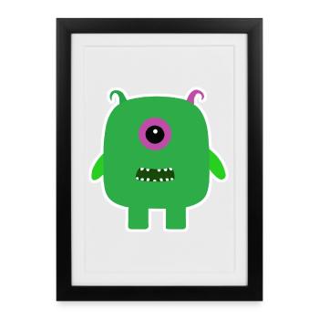 Monstre Cyclope Vert | Extraterrestre carré mignon - Affiche encadrée (27 × 37 cm) - noir - Devant
