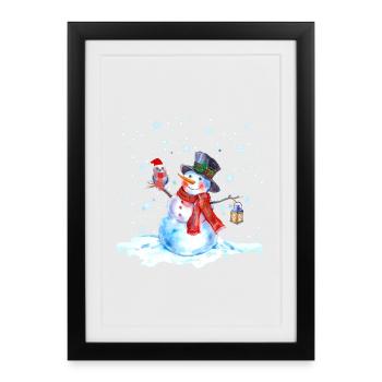 Christmas Nostalgia Snowman with Owl, Lantern - Framed poster (27 × 37 cm) - black - Front