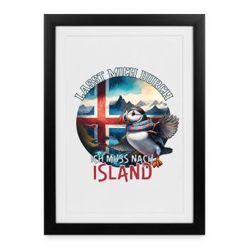 Island - lasst mich durch - Papageientaucher - Gerahmtes Poster (27 × 37 cm) - Schwarz - Vorne