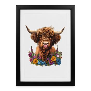 Bovins Highland avec des fleurs - Affiche encadrée (27 × 37 cm) - noir - Devant