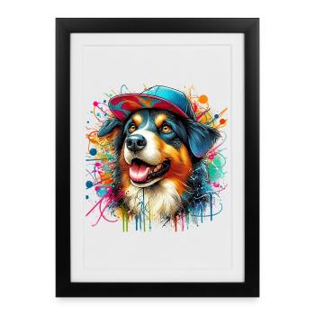 Chien avec casquette de baseball - Affiche encadrée (27 × 37 cm) - noir - Devant