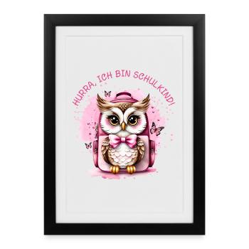 Eule Schulranzen rosa - Hurra ich bin Schulkind - Gerahmtes Poster (27 × 37 cm) - Schwarz - Vorne