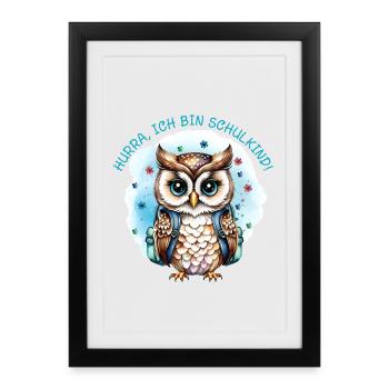 Owl - Flowers - petrol | Hooray, I'm a schoolchild - Framed poster (27 × 37 cm) - black - Front