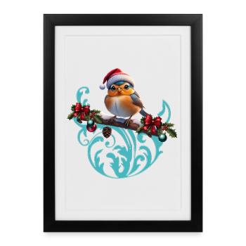 Mignon oiseau de Noël assis sur une branche couverte - Affiche encadrée (27 × 37 cm) - noir - Devant