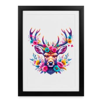 Cerf décoré de fleurs - Affiche encadrée (27 × 37 cm) - noir - Devant