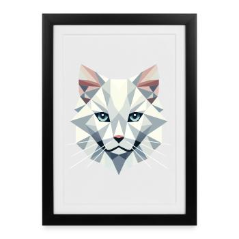 Geometric elegance: White cat in facets - Framed poster (27 × 37 cm) - black - Front