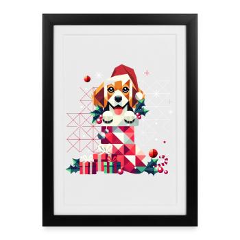 Santa Beagle in a colorful Christmas stocking - Framed poster (27 × 37 cm) - black - Front