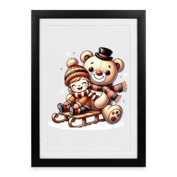 Schlittenfahrt mit Teddy – pure Winterfreude - Gerahmtes Poster (27 × 37 cm) - Schwarz - Vorne