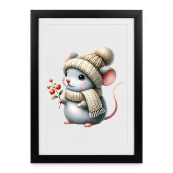 Adorable souris avec un bonnet tricoté chaud - Affiche encadrée (27 × 37 cm) - noir - Devant