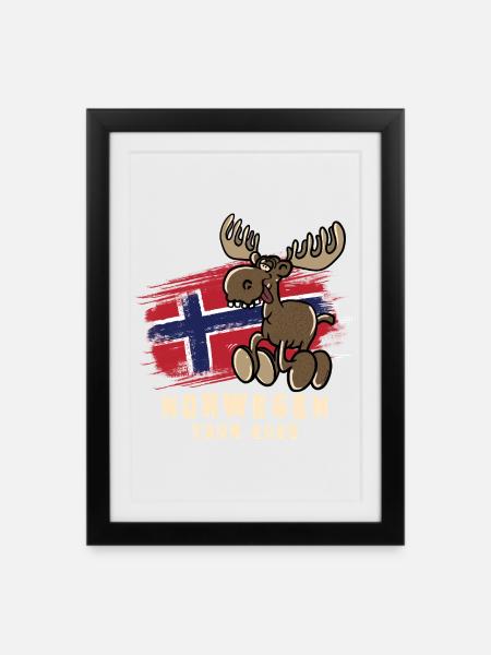 Norwegen Tour 2025 – Flagge & lustiger Elch - Gerahmtes Poster (27 × 37 cm) - Schwarz