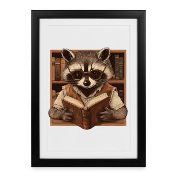 Intelligent raccoon with glasses and book – book - Framed poster (27 × 37 cm) - black - Front
