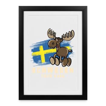 Schweden Tour 2026 – Flagge & lustiger Elch - Gerahmtes Poster (27 × 37 cm) - Schwarz - Vorne