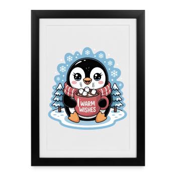 Pingouin, vœux chaleureux d'hiver avec une tasse de cacao - Affiche encadrée (27 × 37 cm) - noir - Devant