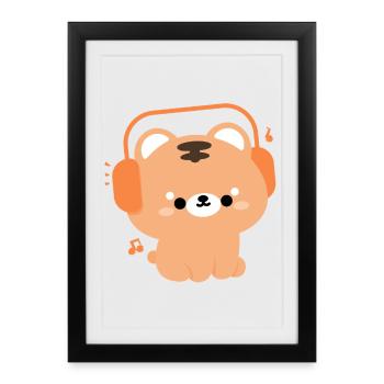 Motif tigre kawaii avec écouteurs - Affiche encadrée (27 × 37 cm) - noir - Devant