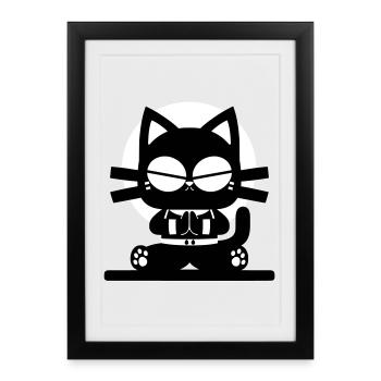 Zen Katze Meditation Minimal Design - Gerahmtes Poster (27 × 37 cm) - Schwarz - Vorne