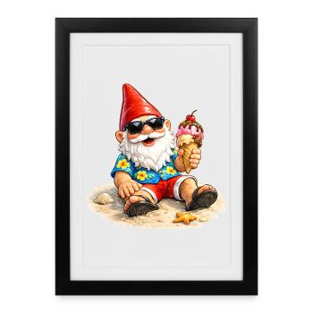 Gartenzwerg am Strand mit Eis in der Hand   - Framed poster (27 × 37 cm) - black - Front