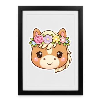 Blumenkranz Pferd Cartoon animal Pferde liebe - Gerahmtes Poster (27 × 37 cm) - Schwarz - Vorne