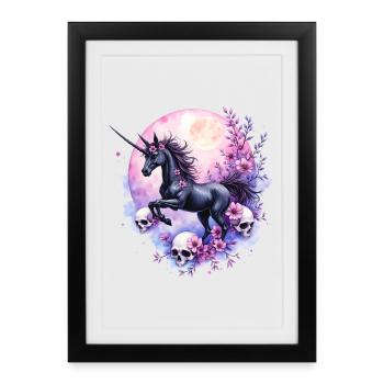 Lunar Unicorn with Skulls and Flowers - Framed poster (27 × 37 cm) - black - Front