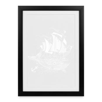 une baleine blanche et un voilier - Affiche encadrée (27 × 37 cm) - noir - Devant