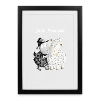 Juste marié Mouton Couple nuptial I Cadeau de mariage - Affiche encadrée (27 × 37 cm) - noir - Devant