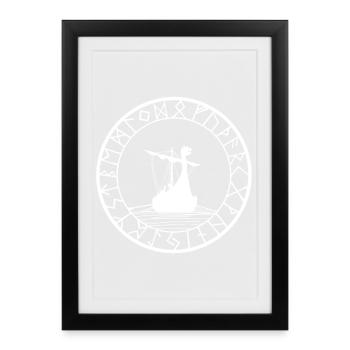 Drakkar viking blanc et boussole - Affiche encadrée (27 × 37 cm) - noir - Devant
