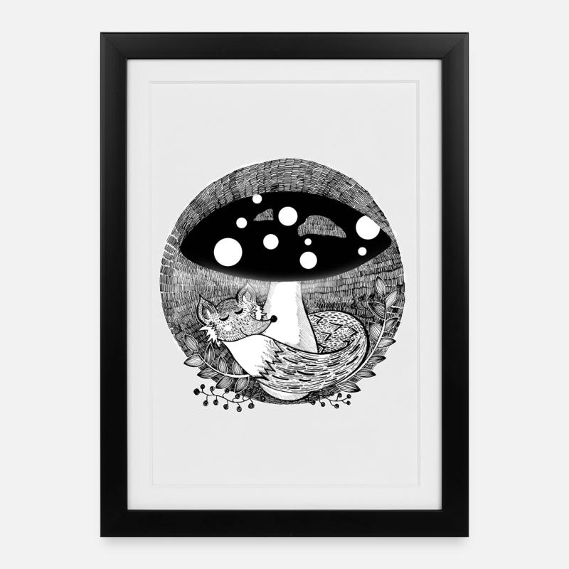 Fuchs Illustration schwarzweiß - Gerahmtes Poster (27 × 37 cm) - Schwarz