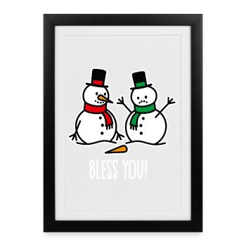 Santé Drôle Bonhomme de Neige Dessin Animé Noël - Affiche encadrée (27 × 37 cm) - noir - Devant