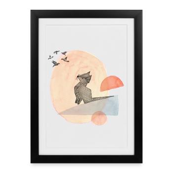 Illustration de l’origami du chat et des oiseaux - Affiche encadrée (27 × 37 cm) - noir - Devant