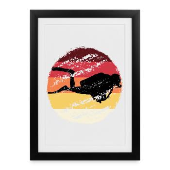 Retro Sonnenuntergang Taucher Silhouette - Gerahmtes Poster (27 × 37 cm) - Schwarz - Vorne