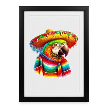 Perroquet mexicain avec poncho et sombrero mexique - Affiche encadrée (27 × 37 cm) - noir - Devant