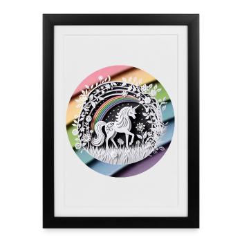 Mignon licorne arc-en-ciel papier découpé - Affiche encadrée (27 × 37 cm) - noir - Devant
