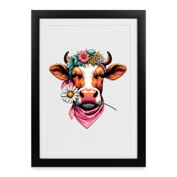 Vache avec des fleurs - Affiche encadrée (27 × 37 cm) - noir - Devant