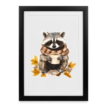 Autumn leaves cozy fall raccoon with cup of coffee - Framed poster (27 × 37 cm) - black - Front