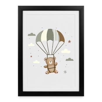 Bear with Parachute – Playful Animal Illustration - Framed poster (27 × 37 cm) - black - Front