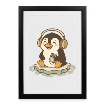 Pingouin mignon mélomane avec des écouteurs - Affiche encadrée (27 × 37 cm) - noir - Devant