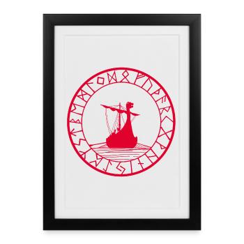 Drakkar viking rouge et boussole - Affiche encadrée (27 × 37 cm) - noir - Devant
