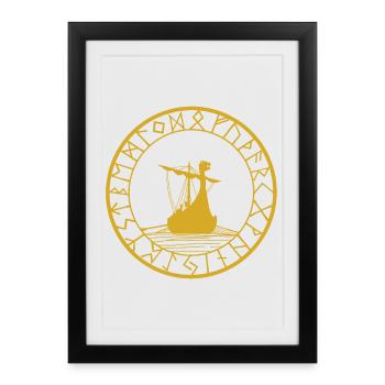 Drakkar jaune viking et boussole - Affiche encadrée (27 × 37 cm) - noir - Devant