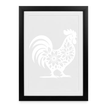 Floral Folk Coq Design - Affiche encadrée (27 × 37 cm) - noir - Devant